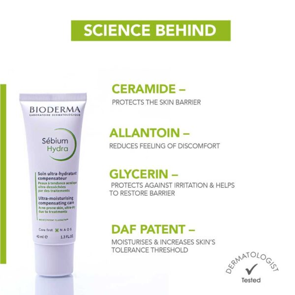 Bioderma Moisturizer Sebium Hydra for Oily, Acne-Prone Skin with Ceramides for 24H Hydration 40ml